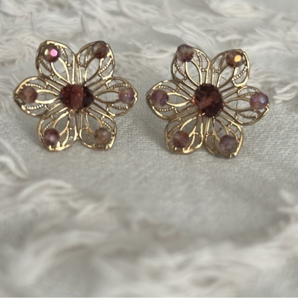 Gold Openwork Purple Beaded Earrings